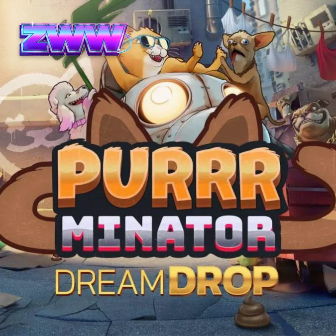 Cena de jogo do Purrrminator Dream Drop com o protagonista gato robótico em um beco cyberpunk.